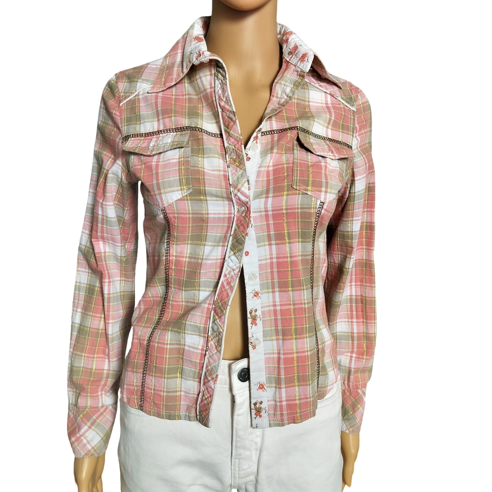 N & P Women's Pink and Tan Button Down Shiny Shirt Size M
